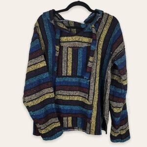 Artesanias Mickey Drug Rug Baja Colorful Striped Poncho Hoodie Rainbow